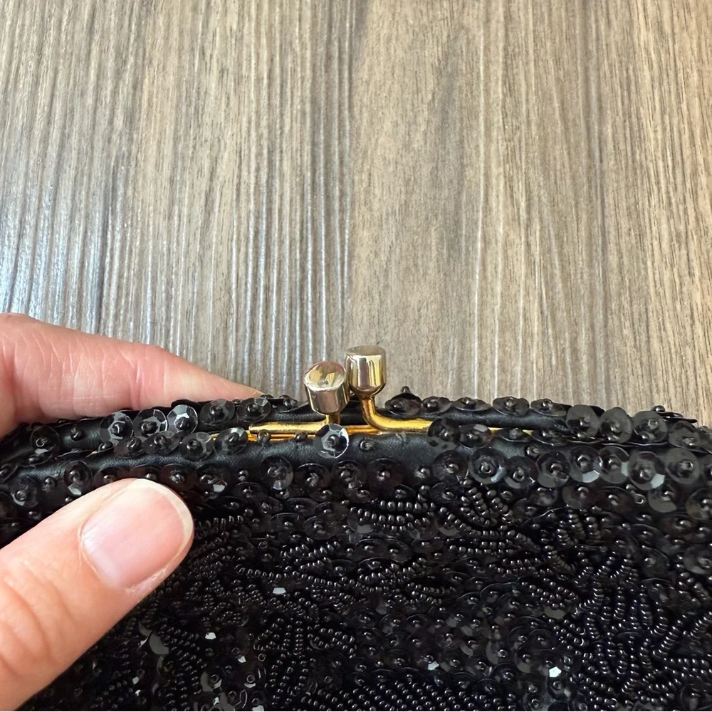VTG Handmade Black Beaded Clutch‎ Made in British Hong Kong *READ*